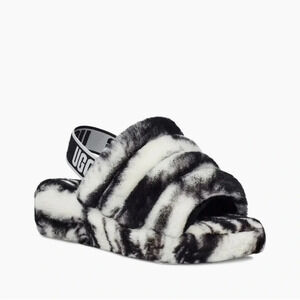 UGG Fluff Yeah Slide Marble Slipper Sandal in Black and White cozy